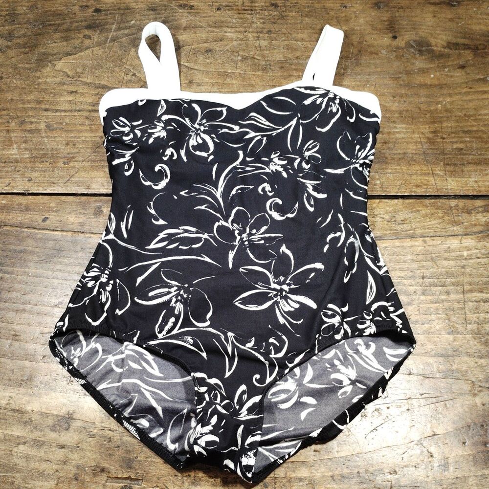 Miraclesuit Swimsuit Sz 16 Black White Floral Underwire Bra One Piece Beach